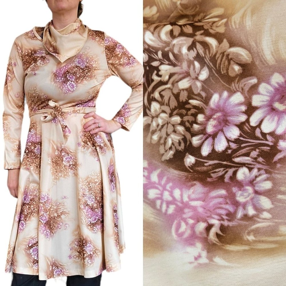 70s Beige Medium Pink Floral Retro Polyester Fit N Flare Dress Belted W Bandana